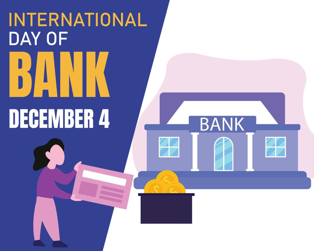 illustration vector graphic of a woman brings atm card to bank office, perfect for international day, international day of bank, celebrate, greeting card, etc.