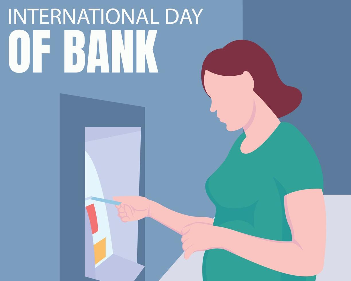 illustration vector graphic of a woman inserts atm card into the atm machine, perfect for international day, international day of bank, celebrate, greeting card, etc.