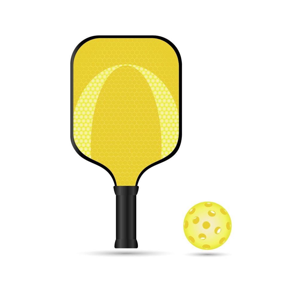 raqueta de moda amarilla brillante y bola de pickleball. equipamiento deportivo de pickleball para juegos al aire libre. deportes activos para personas mayores. ilustración vectorial 3d sobre fondo blanco vector