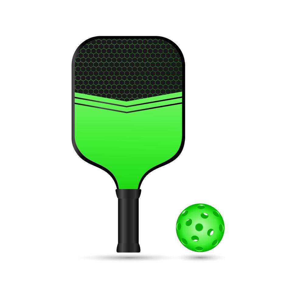 raqueta verde brillante y pelota de pickleball. equipamiento deportivo de pickleball para juegos al aire libre. deportes activos para personas mayores. ilustración vectorial 3d sobre fondo blanco vector