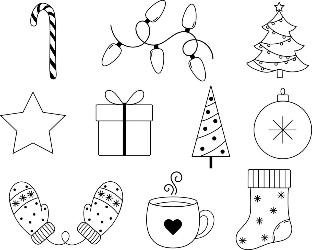 Christmas drawings in black. Christmas set on a white background. vector