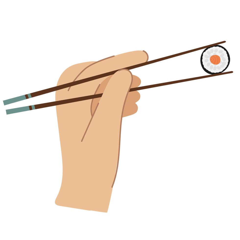 Hand holding a chopsticks with sushi roll. vector