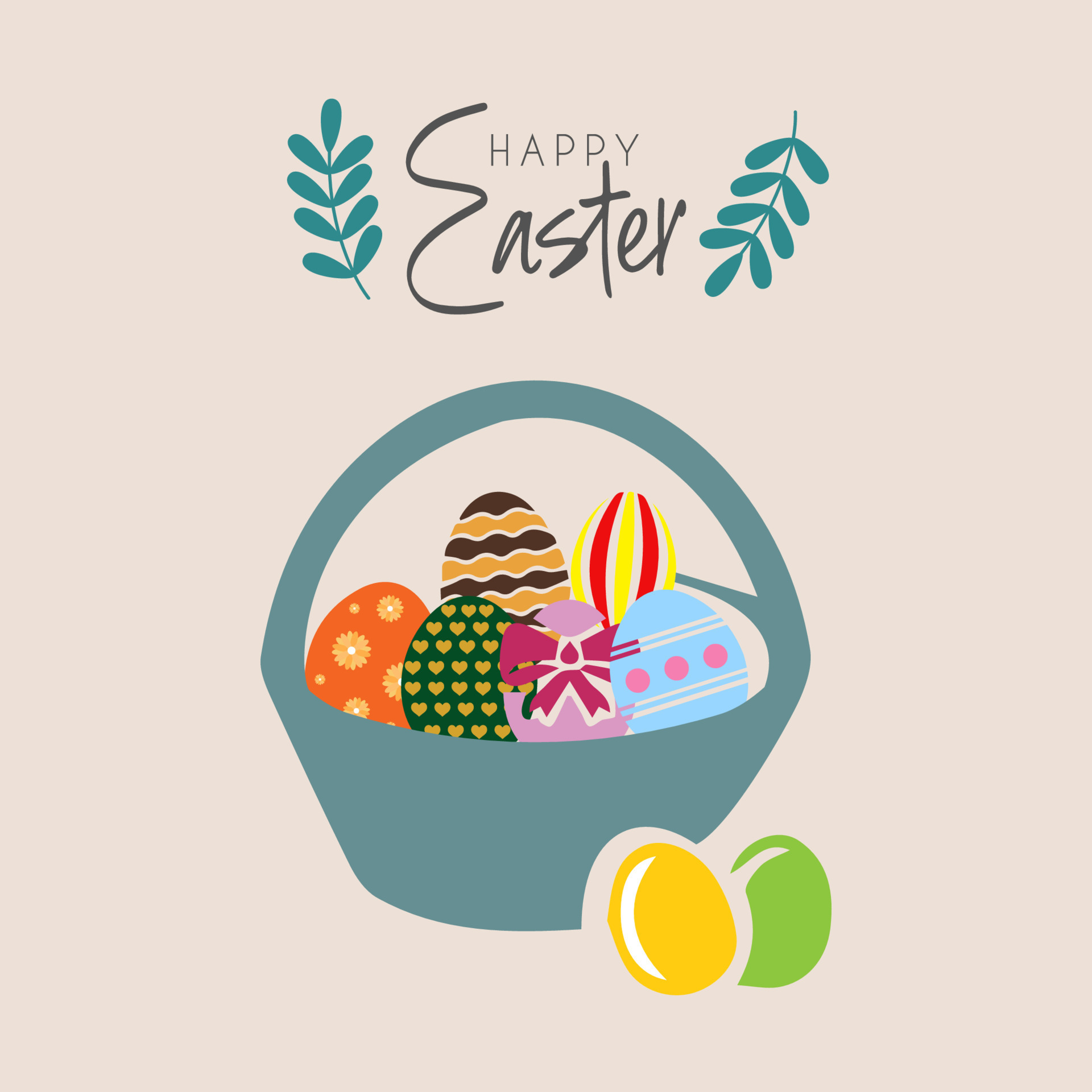 Easter collection. Vector illustration with colorful eggs, leaves and