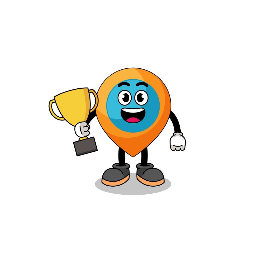 Cartoon mascot of location symbol holding a trophy vector