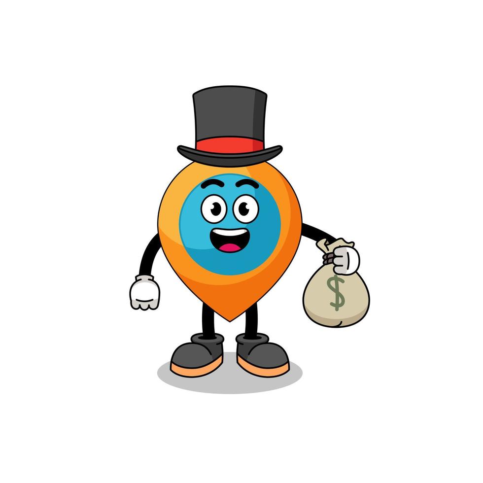 símbolo de ubicación mascota ilustración hombre rico sosteniendo un saco de dinero vector