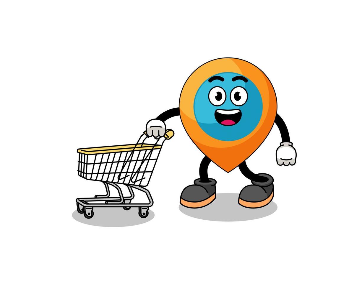 Cartoon of location symbol holding a shopping trolley vector