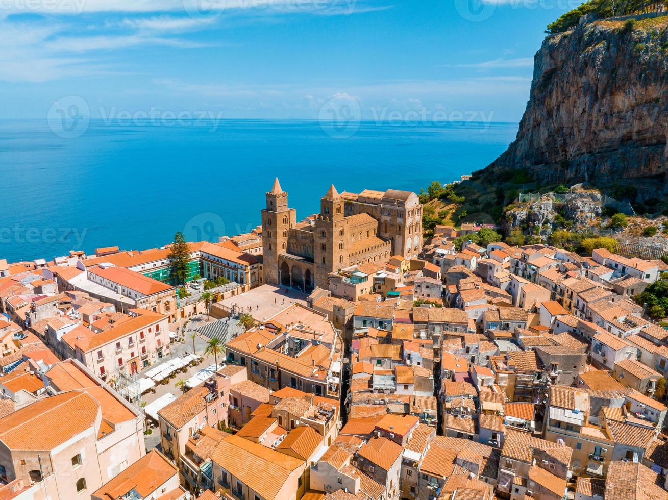 Aerial scenic view of the Cefalu, medieval village of Sicily island photo