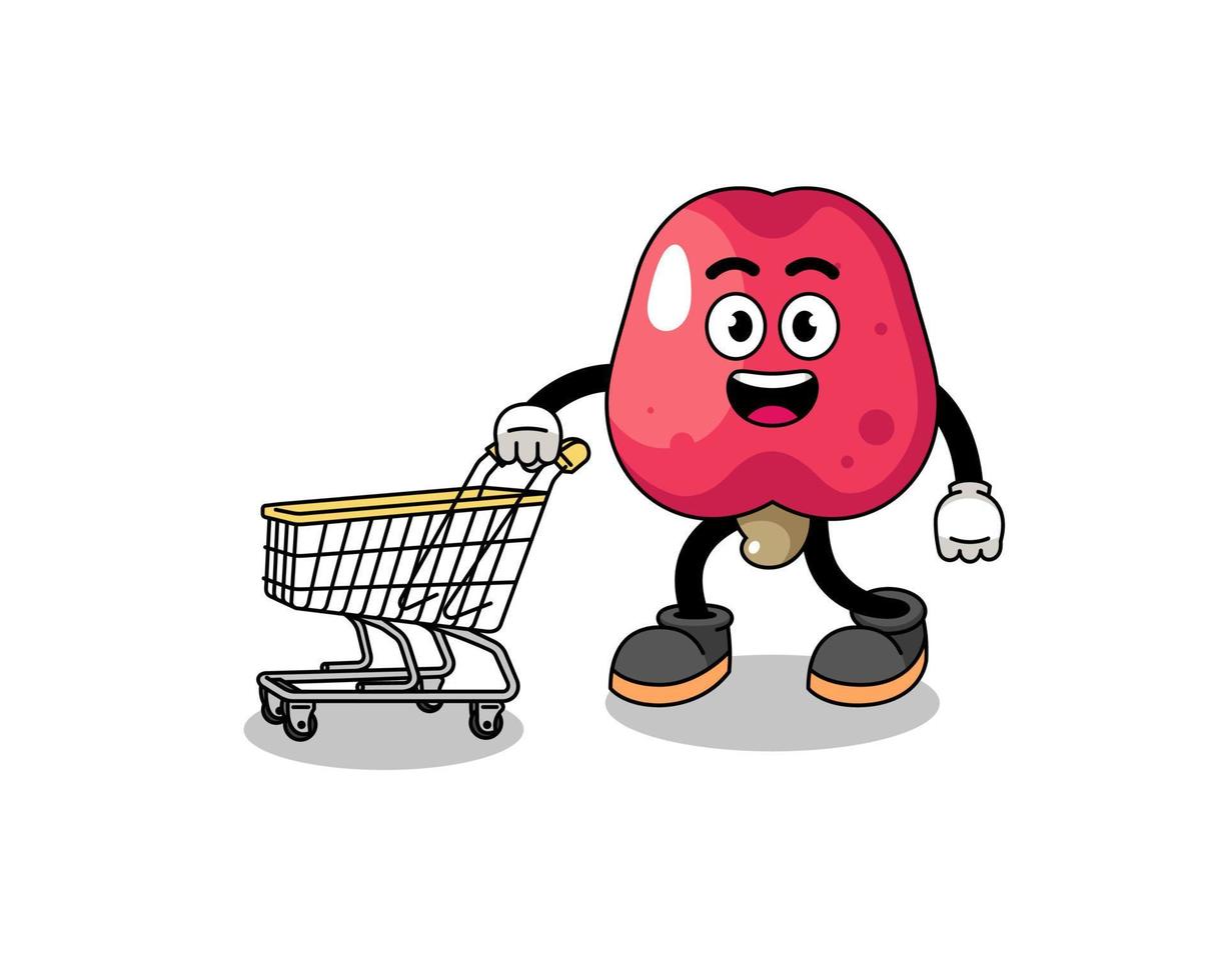 Cartoon of cashew holding a shopping trolley vector