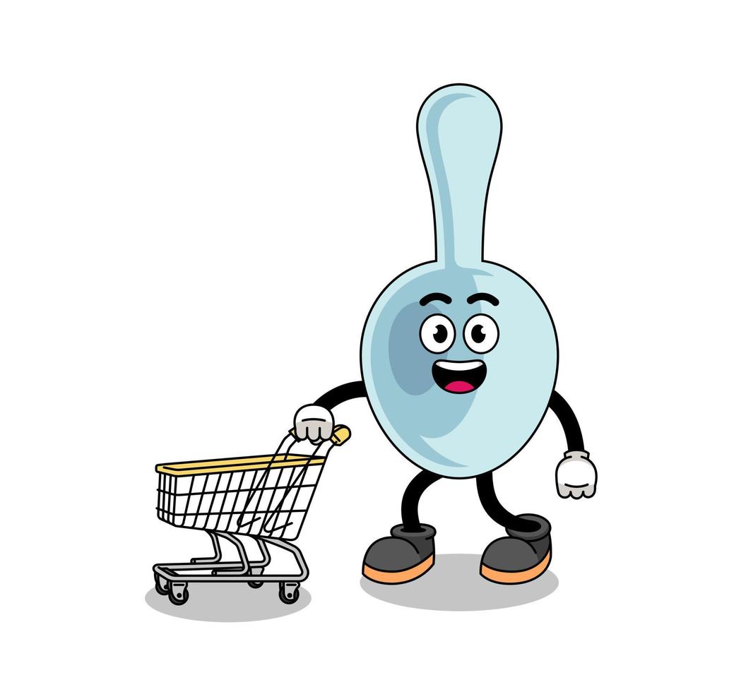 caricatura de cuchara sosteniendo un carrito de compras vector