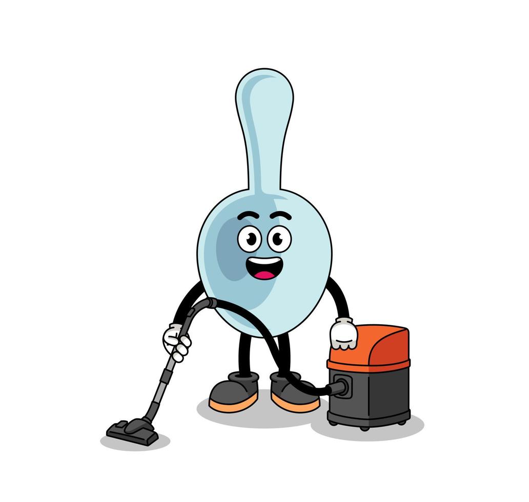 Character mascot of spoon holding vacuum cleaner vector