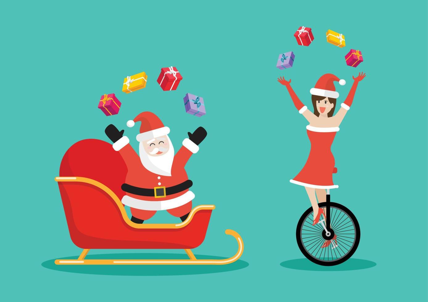 santa claus y santa girl haciendo malabares con cajas de regalo en un vehículo vector