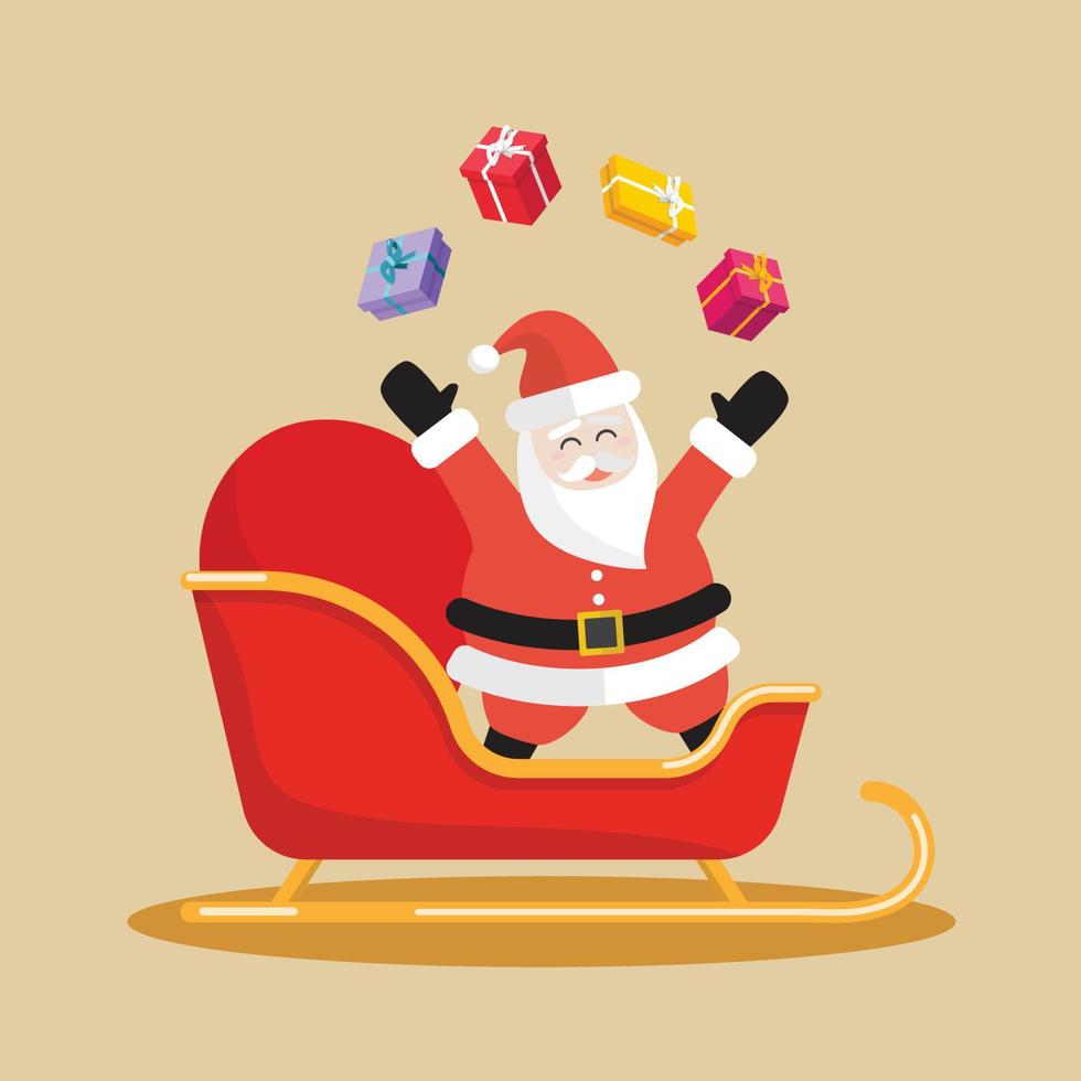 santa claus haciendo malabares con cajas de regalo en un trineo vector