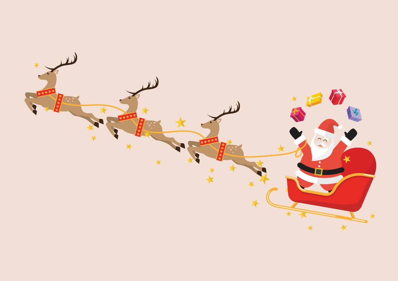 Santa Claus juggling gift boxes on a reindeer sleigh vector