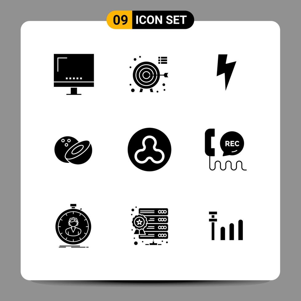 Editable Vector Line Pack of 9 Simple Solid Glyphs of call blockchain focus ripple coconut Editable Vector Design Elements