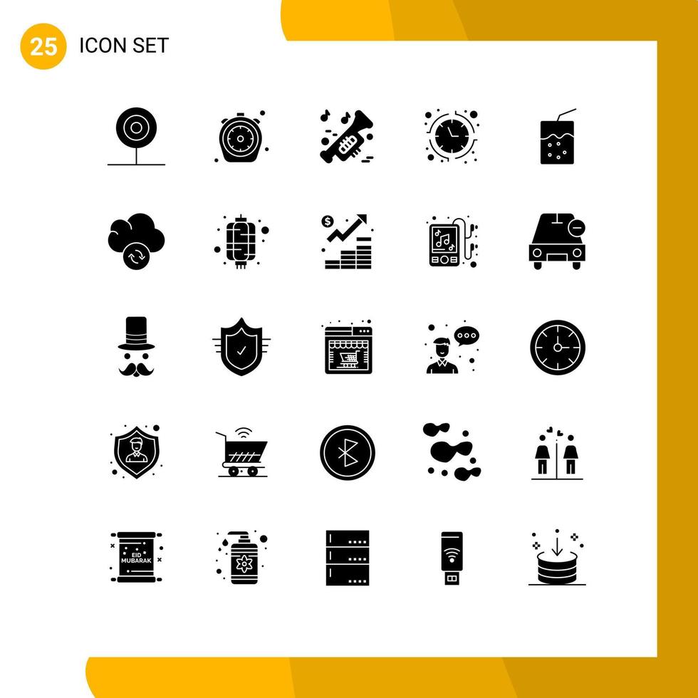 paquete de 25 signos y símbolos de glifos sólidos modernos para medios de impresión web, como elementos de diseño de vectores editables de trompeta de economía de tiempo