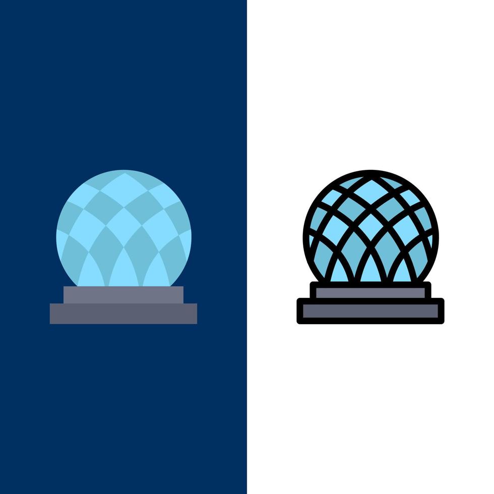 edificio canadá ciudad cúpula iconos plano y línea llena conjunto de iconos vector fondo azul