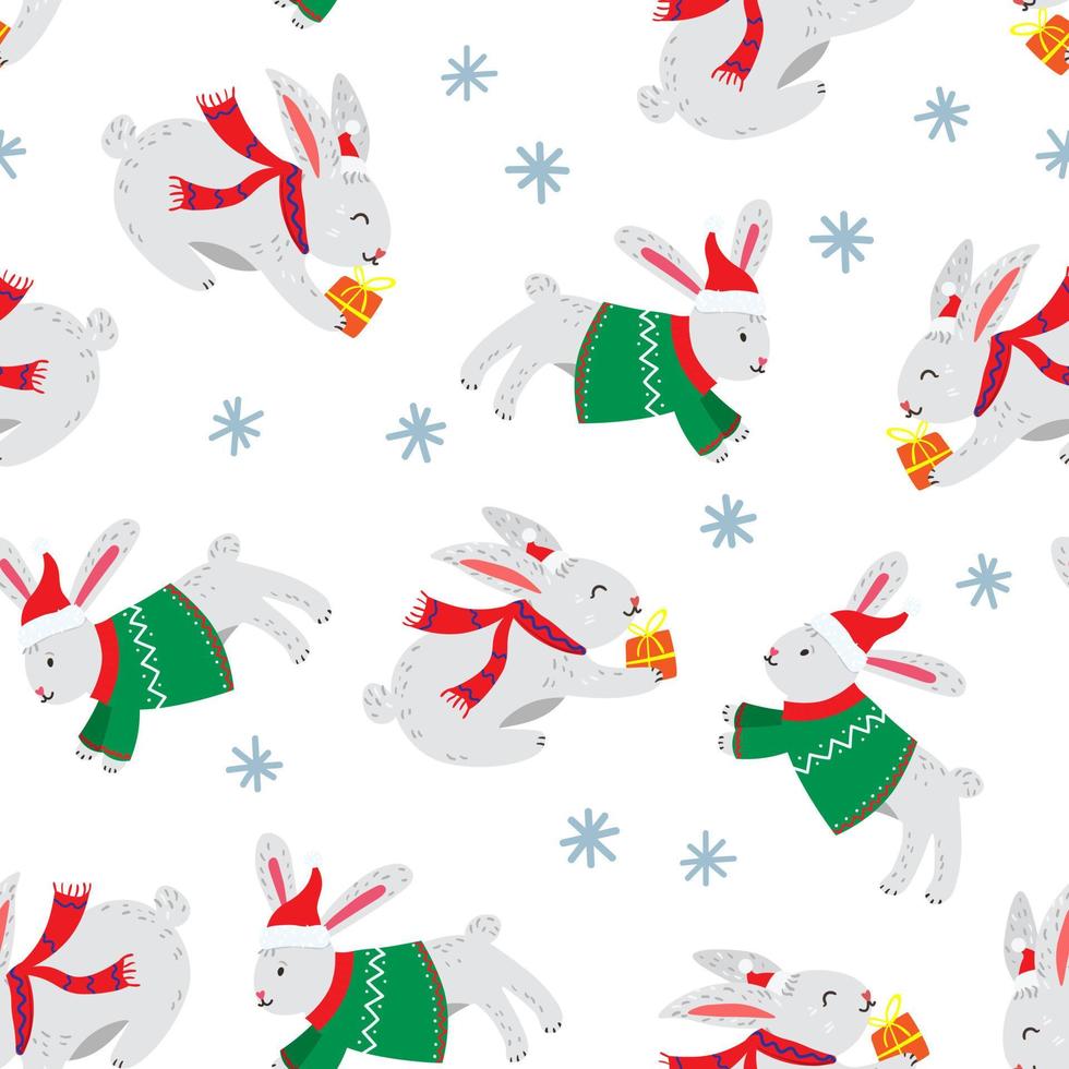 Decorative seamless Christmas pattern with cute rabbit and snowflakes vector