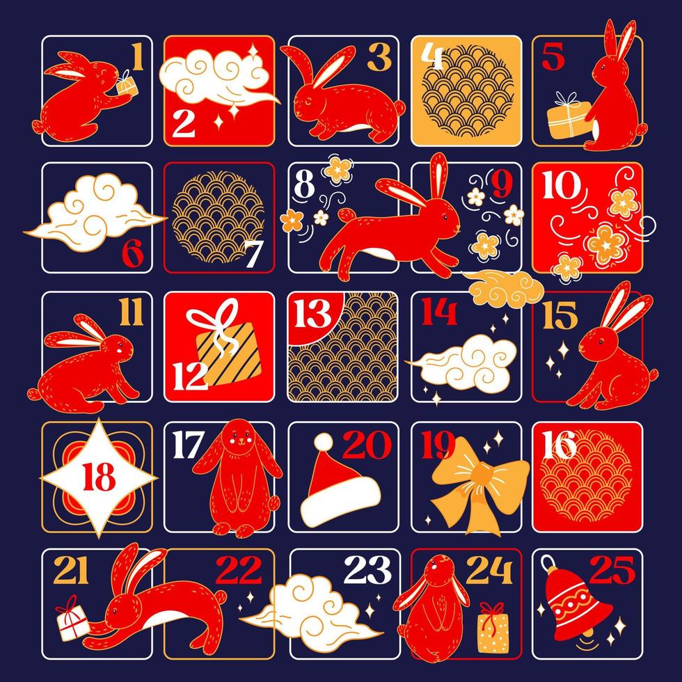 Advent Calendar for Happy Christmas. Traditional chinese colors advent calendar for Christmas for children and adults vector