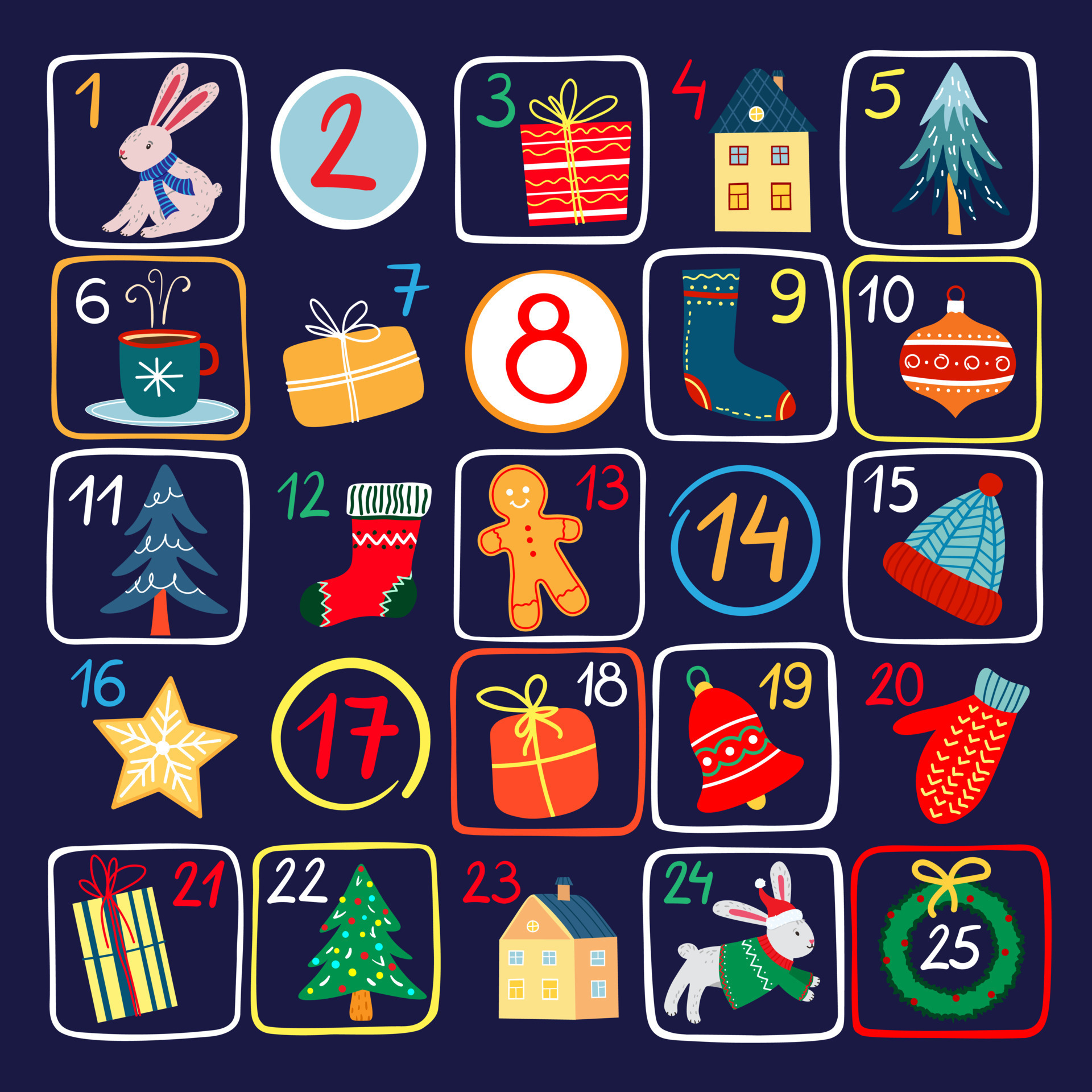 Digital vector advent calendar with Christmas items on blue background