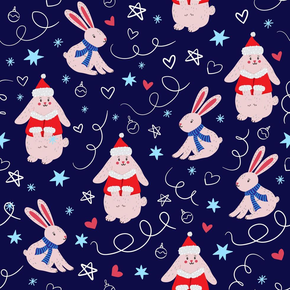 Decorative Christmas pattern with cute Christmas rabbits and decorative doodle elements vector