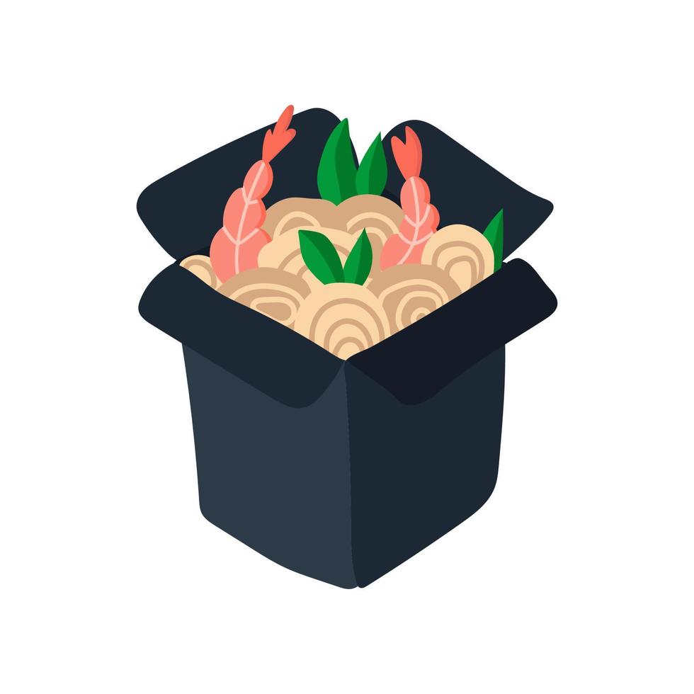 Asian food wok noodles with shrimps in a box. vector illustration