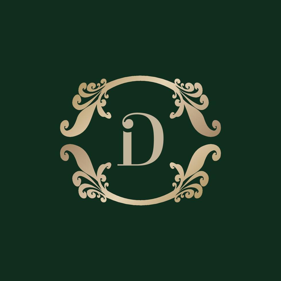 logotipo del alfabeto letra d con marco dorado decorativo de lujo. elegante adorno floral de rizo. vector