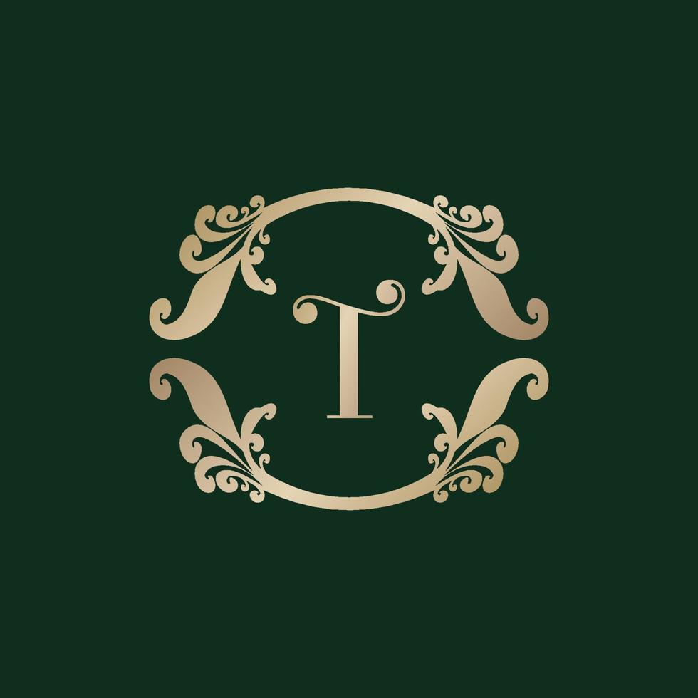 logotipo del alfabeto letra t con marco dorado decorativo de lujo. elegante adorno floral de rizo. vector