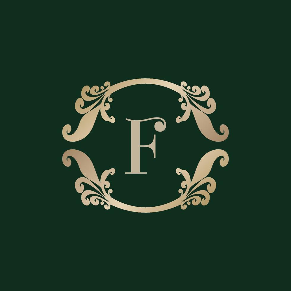 logotipo del alfabeto letra f con marco dorado decorativo de lujo. elegante adorno floral de rizo. vector