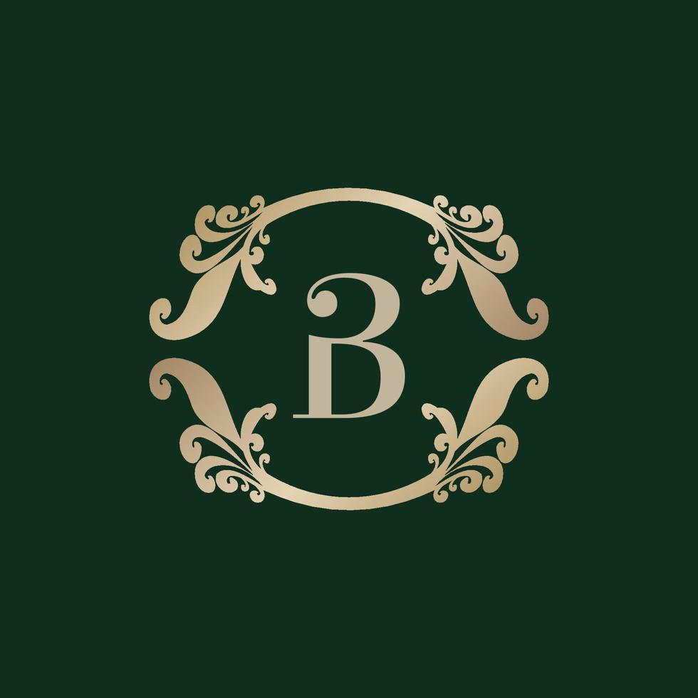 logotipo del alfabeto letra b con marco dorado decorativo de lujo. elegante adorno floral de rizo. vector
