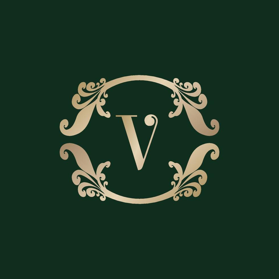 Letter V Alphabet Logo with Luxury Decorative Golden Frame. Elegant Curl Floral Ornament. vector