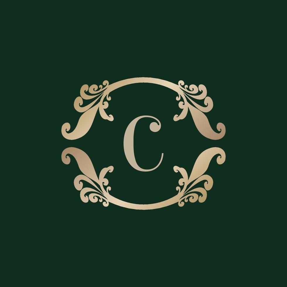Letter C Alphabet Logo with Luxury Decorative Golden Frame. Elegant Curl Floral Ornament. vector