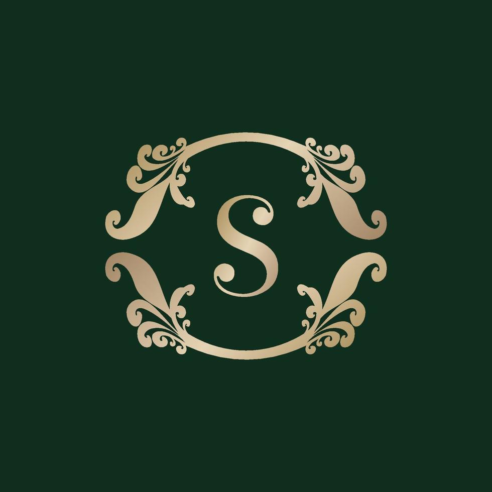 Letter S Alphabet Logo with Luxury Decorative Golden Frame. Elegant Curl Floral Ornament. vector