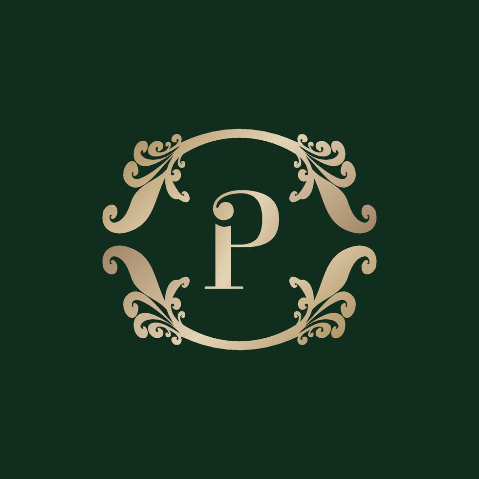 logotipo del alfabeto letra p con marco dorado decorativo de lujo. elegante adorno floral de rizo. vector