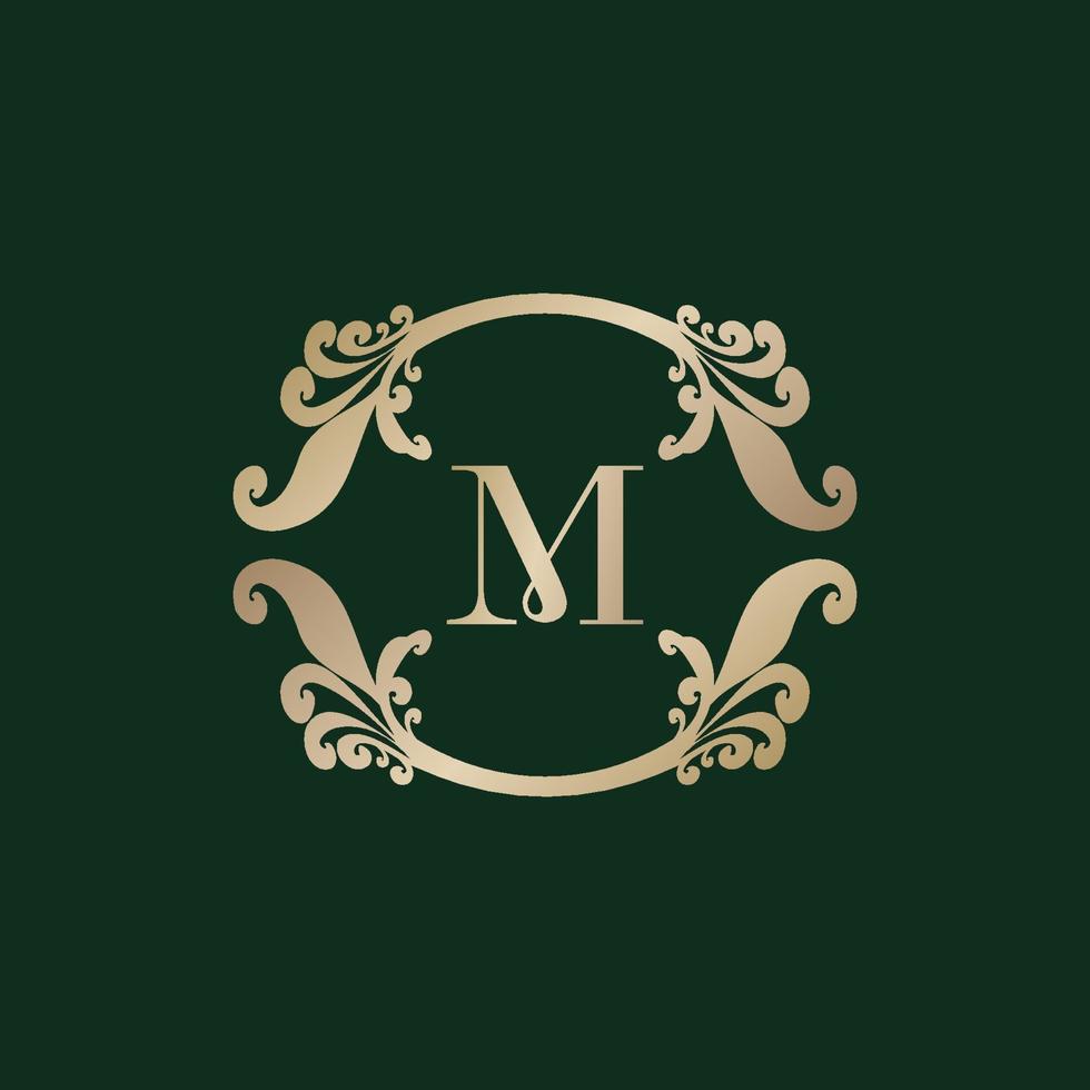 logotipo del alfabeto letra m con marco dorado decorativo de lujo. elegante adorno floral de rizo. vector