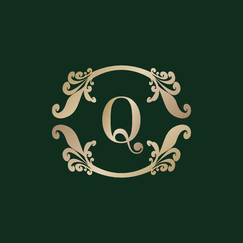 logotipo del alfabeto letra q con marco dorado decorativo de lujo. elegante adorno floral de rizo. vector