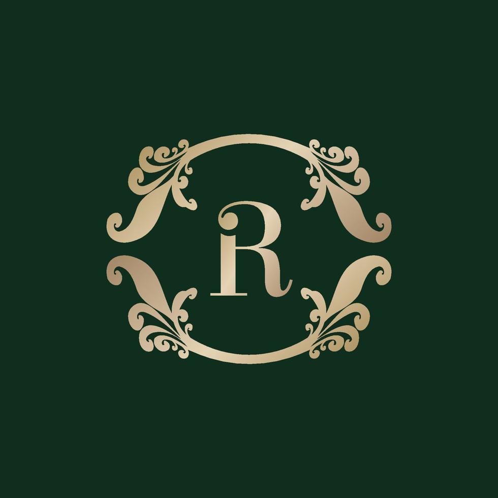 logotipo del alfabeto letra r con marco dorado decorativo de lujo. elegante adorno floral de rizo. vector