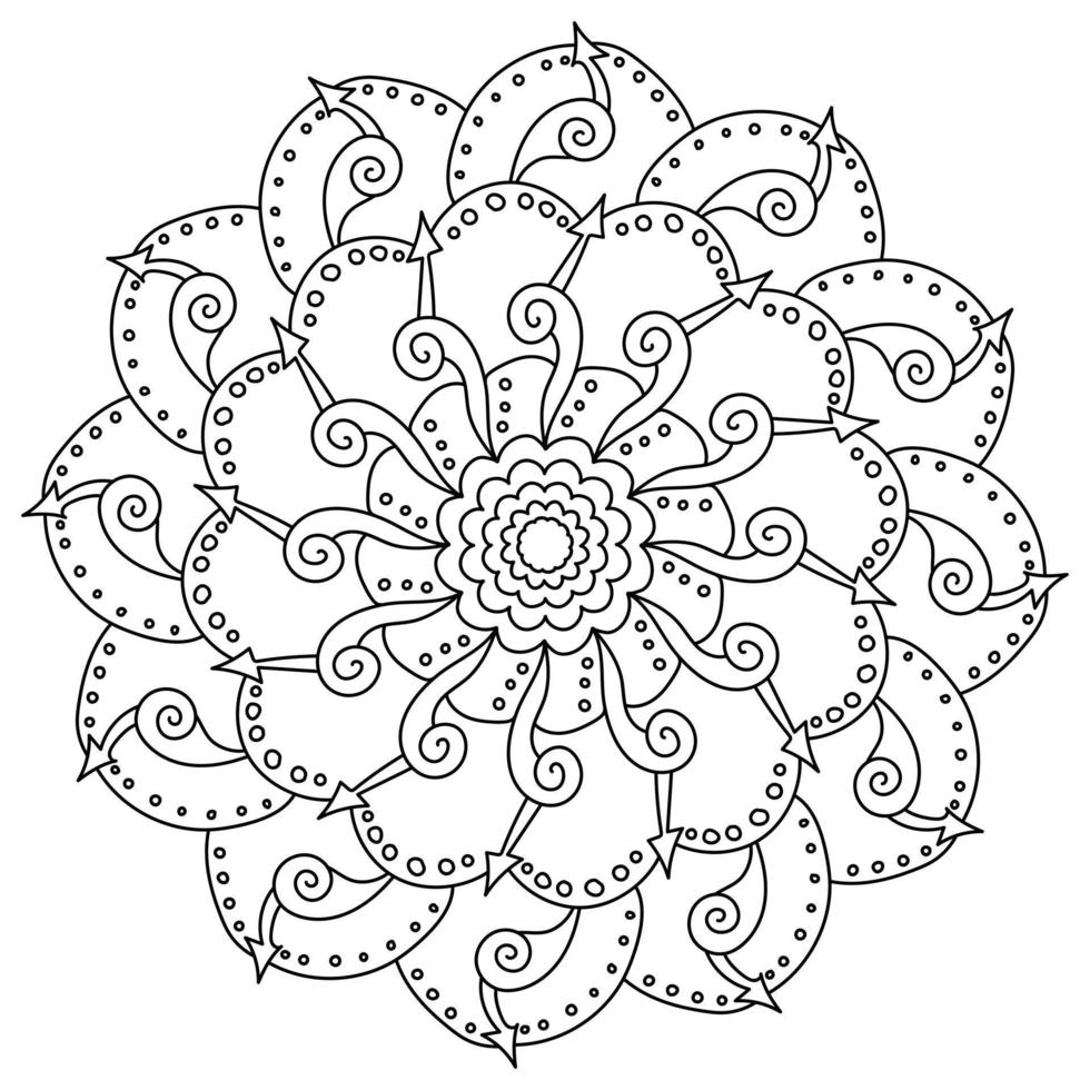 Fantasy mandala of arrows and dots, meditative coloring page from ornate motifs vector