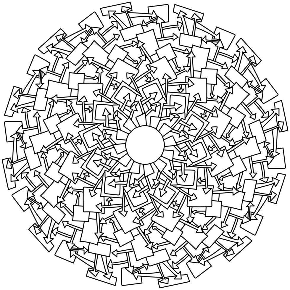Contour mandala of arrows and squares, meditative coloring page with ornate patterns vector