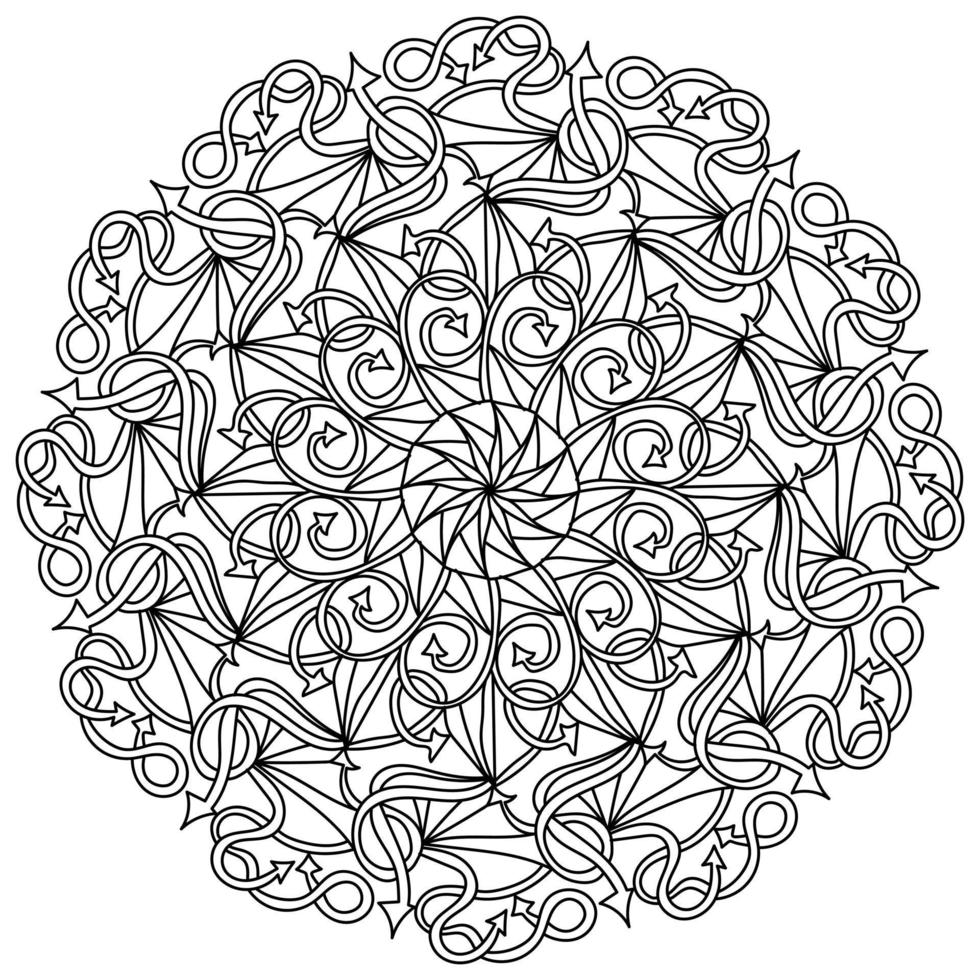 Fantasy mandala of arrows and curls, meditative coloring page with ornate patterns vector