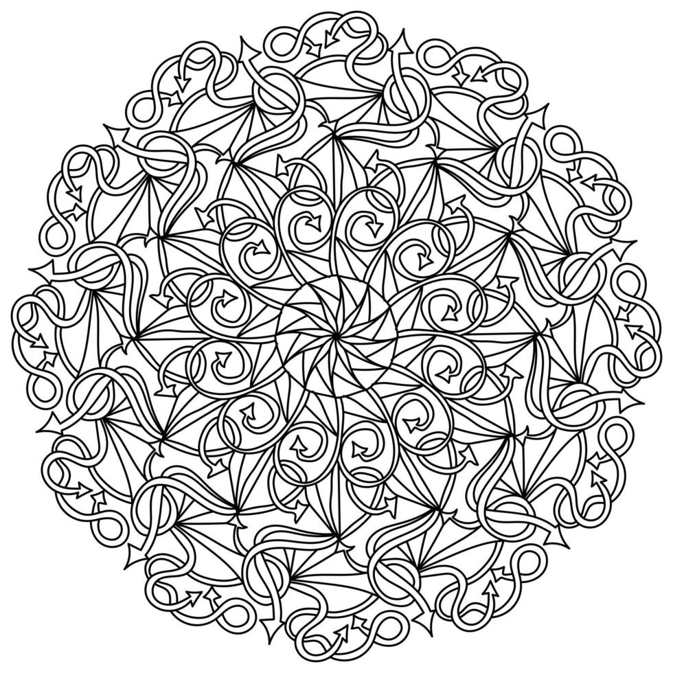 mandala de fantasía de flechas y rizos, página de coloración meditativa con patrones ornamentados vector