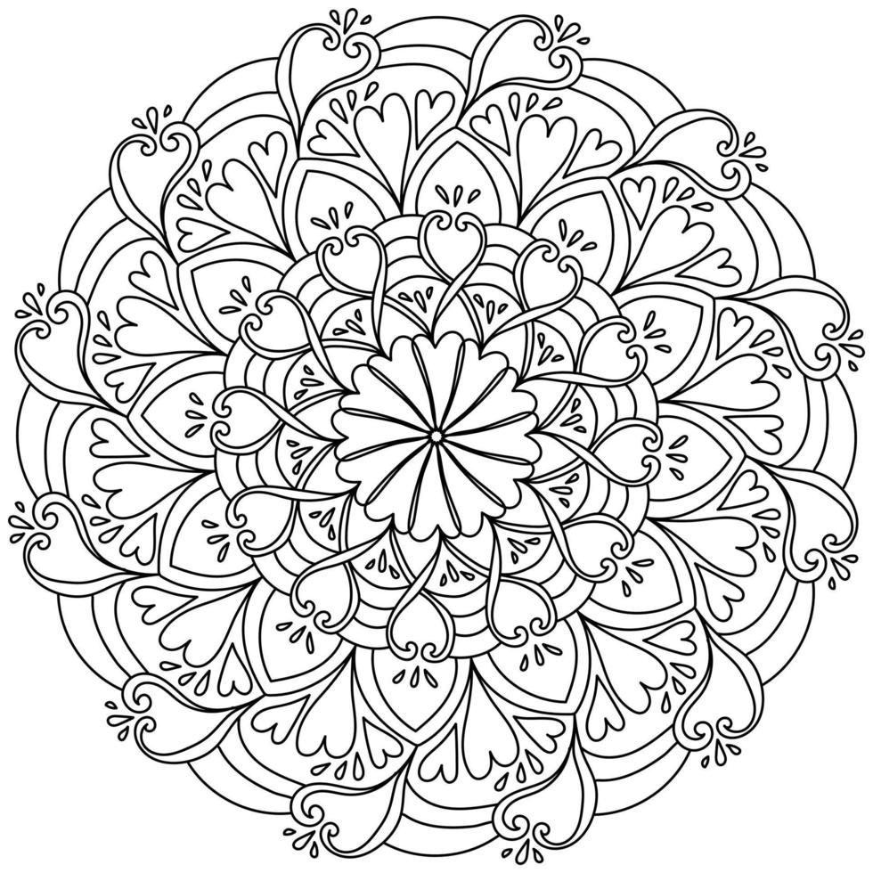 Mandala with hearts, drops and ornate patterns, meditative coloring page for valentines day vector