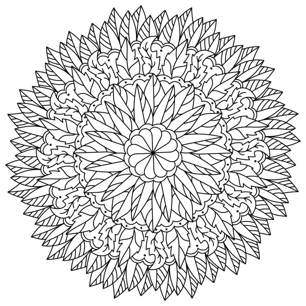 Ornate mandala with leaves of various shapes and flower in the center and patterns, autumn meditative coloring page vector