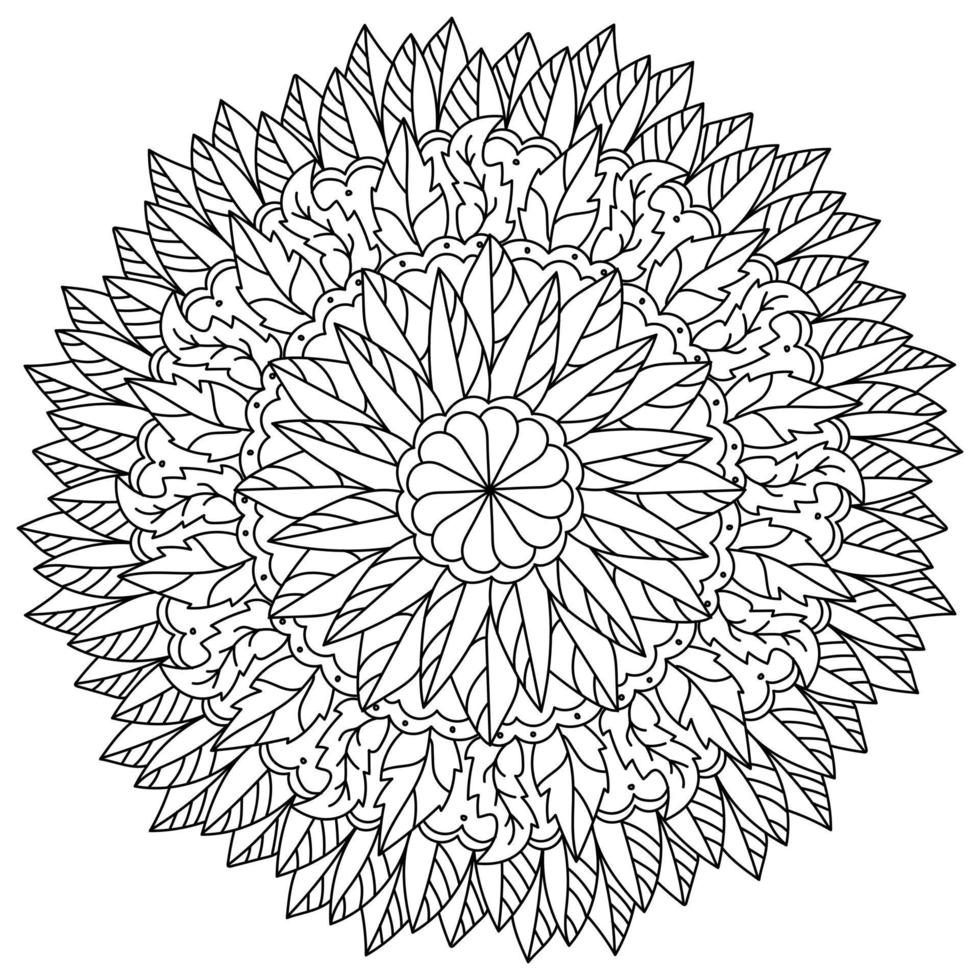 Ornate mandala with leaves of various shapes and flower in the center and patterns, autumn meditative coloring page vector