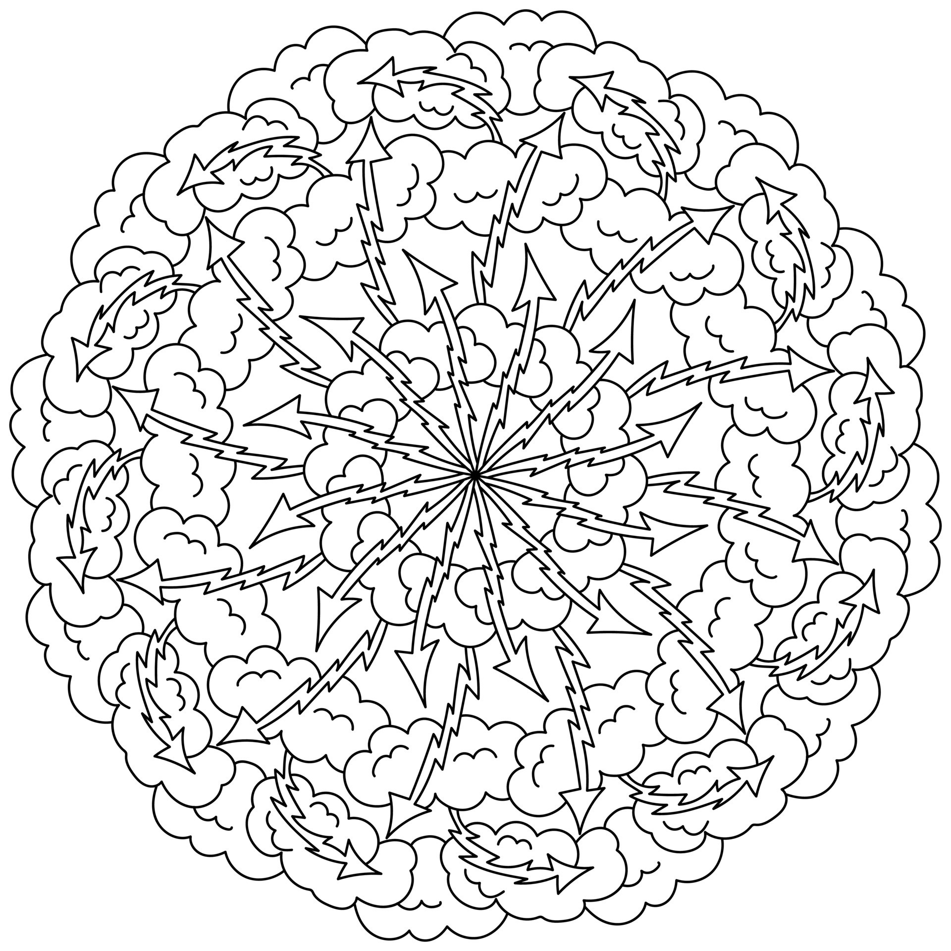 Contour mandala of thunderclouds with lightning, meditative coloring