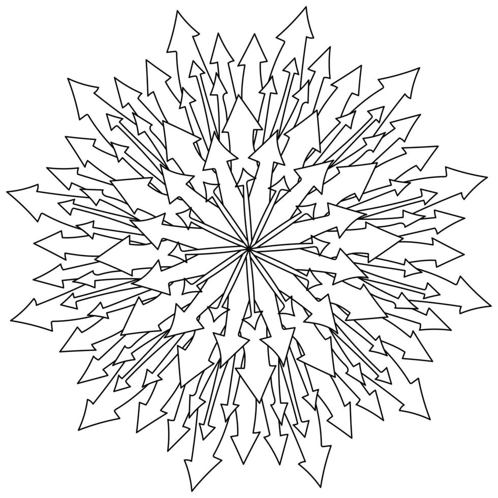 Contour mandala of arrows of various thickness, meditative coloring page of many arrows vector