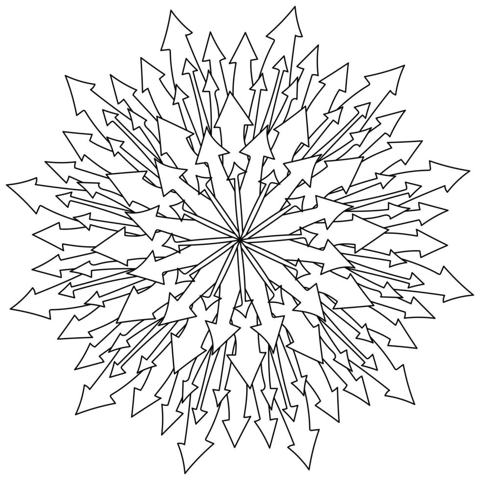 mandala de contorno de flechas de varios grosores, página de coloración meditativa de muchas flechas vector