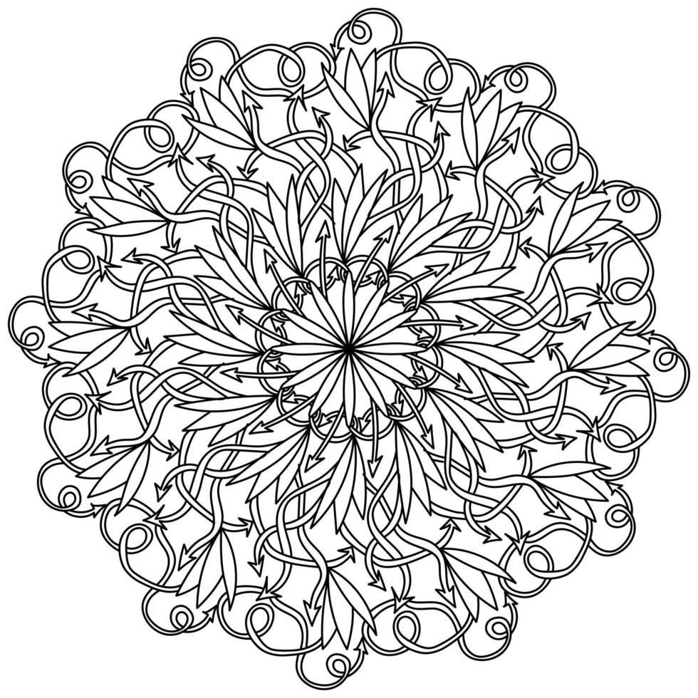 Contour mandala of arrows and curls, meditative coloring page with ornate patterns vector