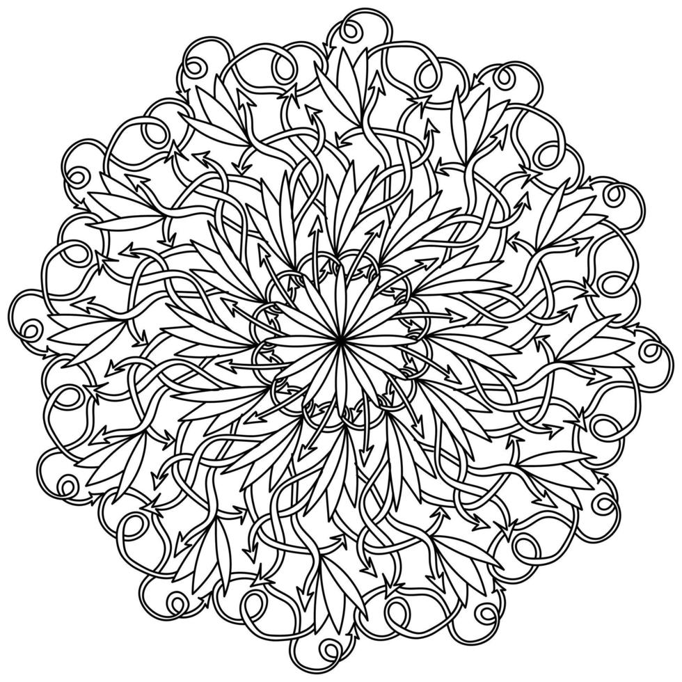 mandala de contorno de flechas y rizos, página de coloración meditativa con patrones ornamentados vector