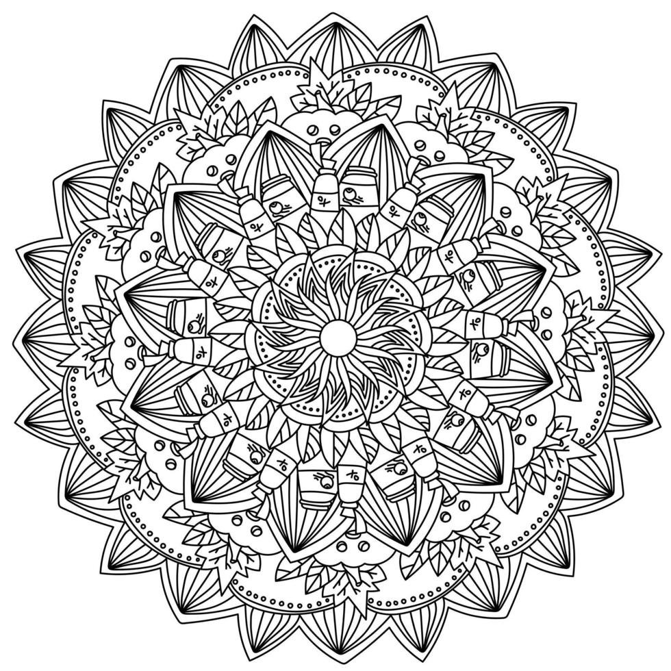 Halloween mandala, ornate coloring page with pumpkins, poisons and