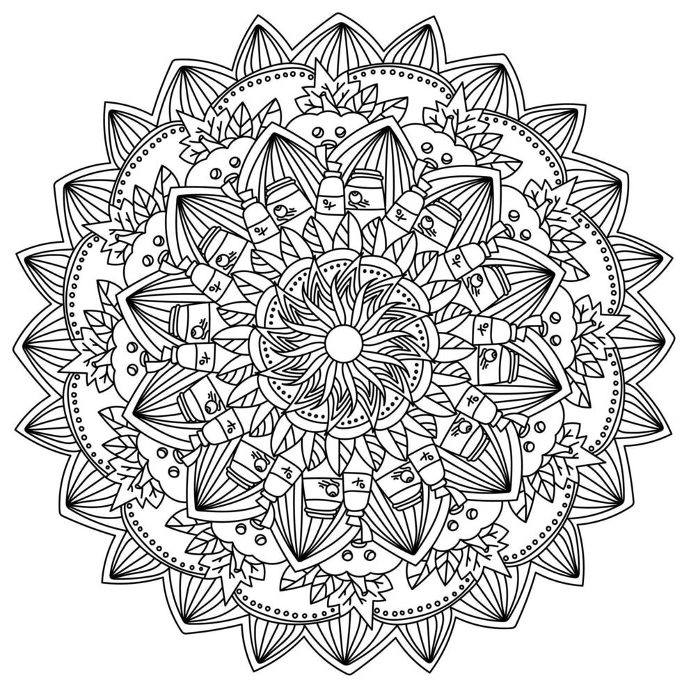 Halloween mandala, ornate coloring page with pumpkins, poisons and autumn leaves vector